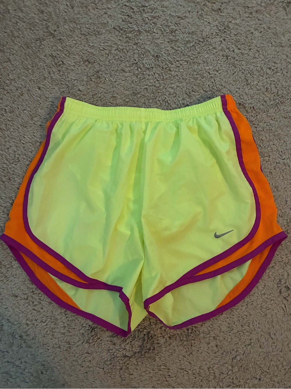 Nike Neon Yellow Athletic Shorts with Orange Panels & Purple Trim